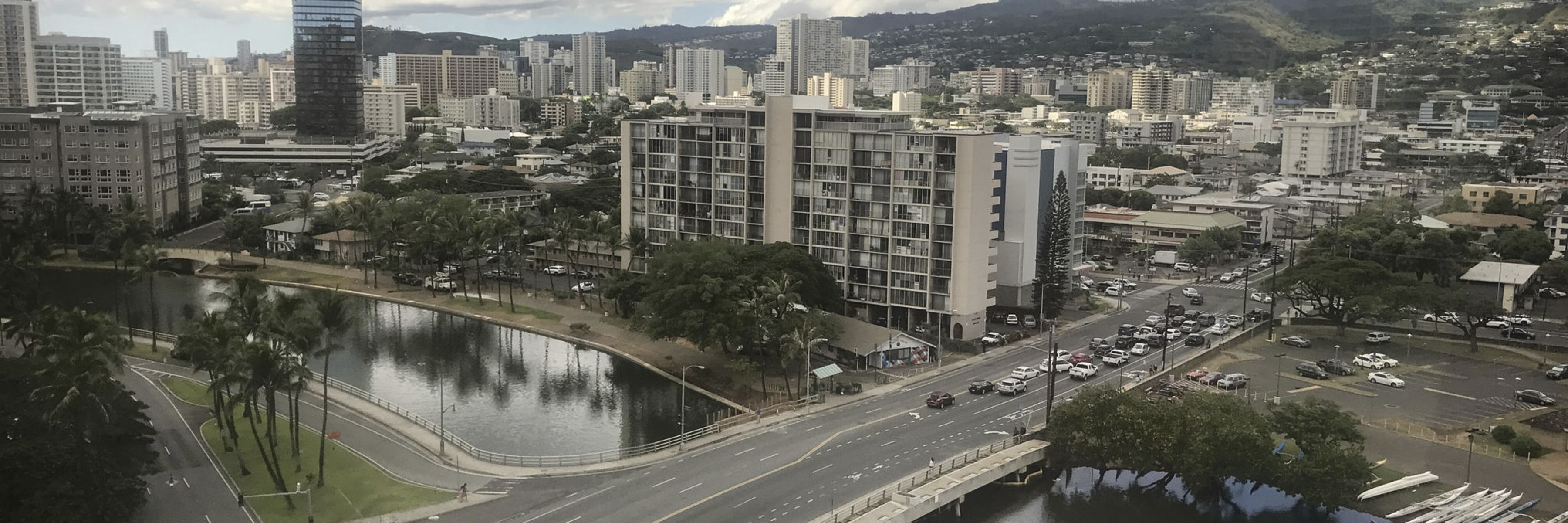 Aerial view of McCully Street Bridge over the Ala Wai Canal.