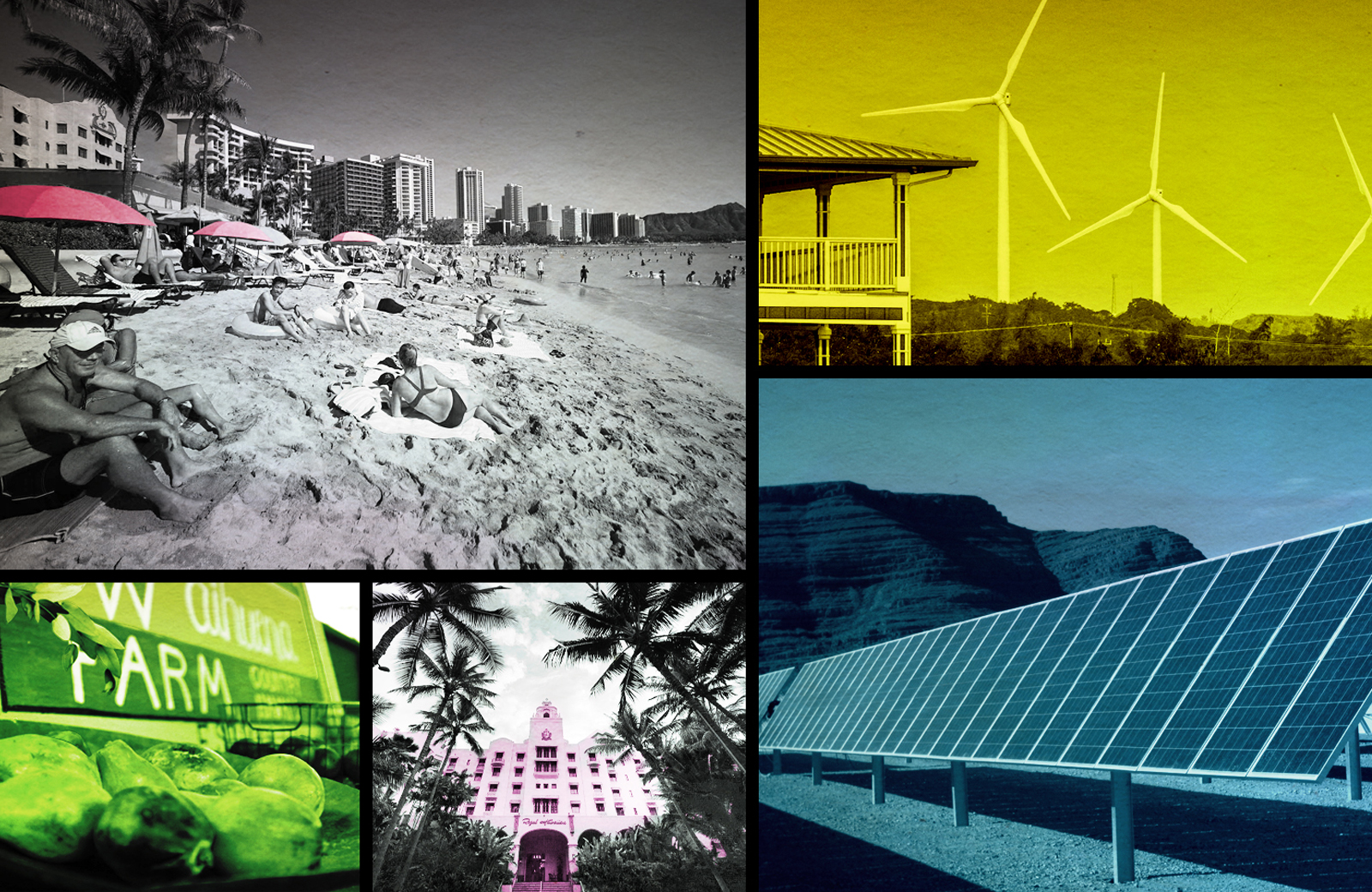 Photo illustration showing Hawaiʻi's various economies in pa grid