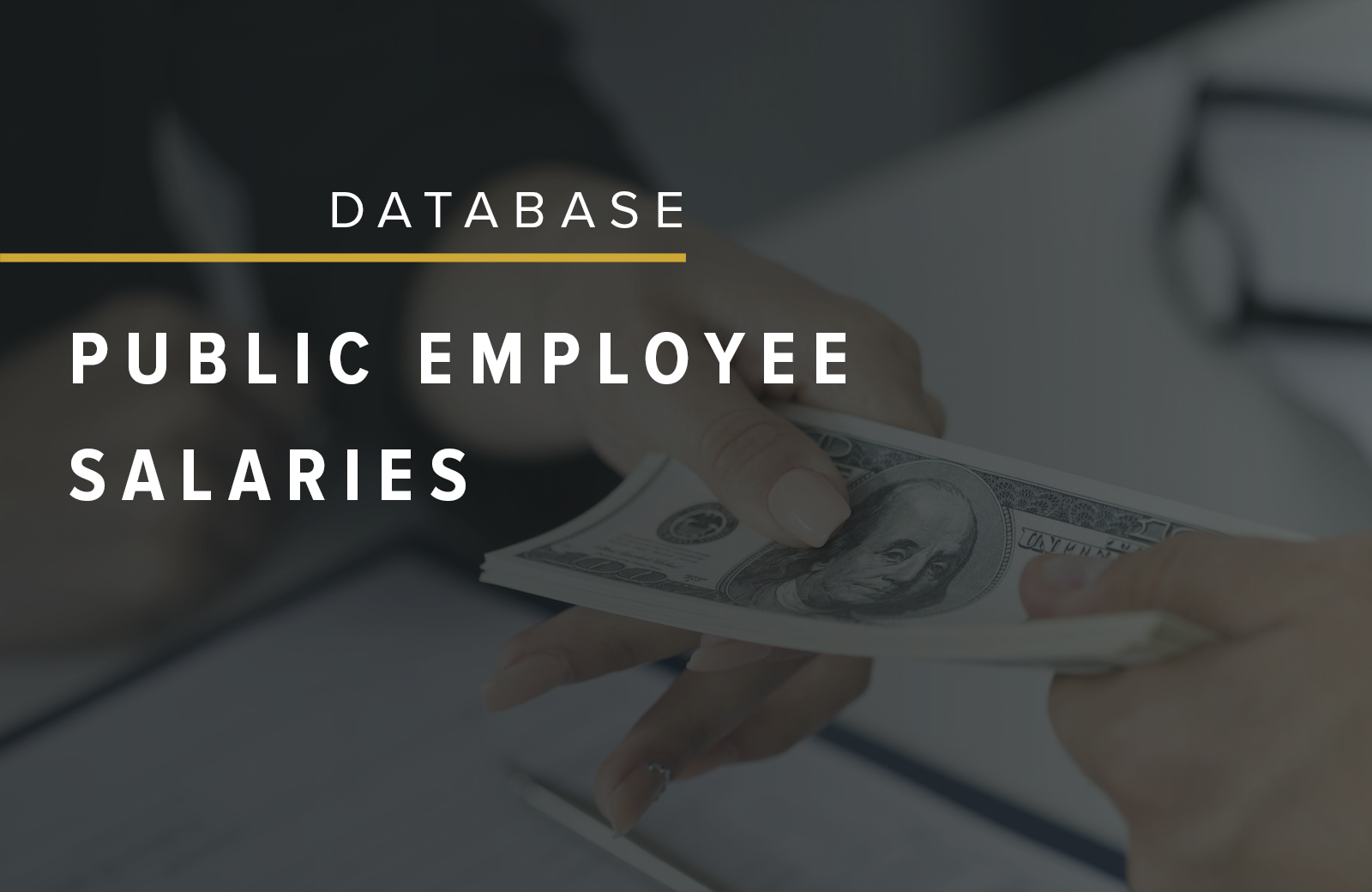 Graphic with the headline "Database: Public Employee Salaries" with an image of hands handing over a stack of 0 bills.